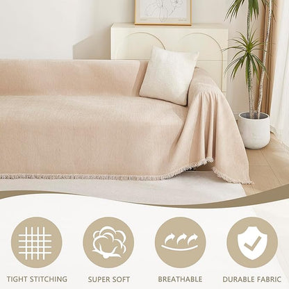 MYSKY HOME Couch Cover 3 Cushion Sofa with Tassel Chenille Sofa Covers Couch Covers for 3 Cushion Couch Sofa Slipcovers for Sectional l Shaped Couch Dogs Protector Furniture Covers, 91" X150", Khaki