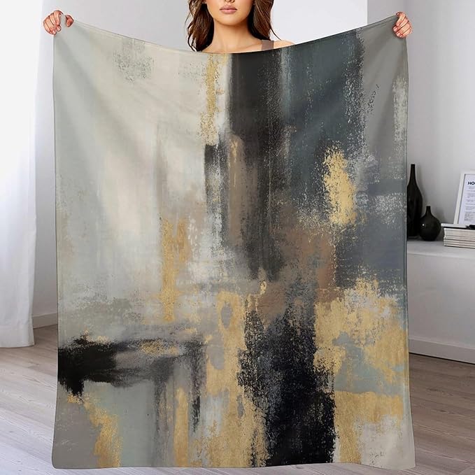 Fashion Gradient Blanket, Modern Abstract Baroque Glod Grey Painting Strokes Pattern Soft Warm Cozy Plush Flannel Covers for Livingroom Bedroom Couch Chair Camping Travel Home Decor Tapestry 60x80in