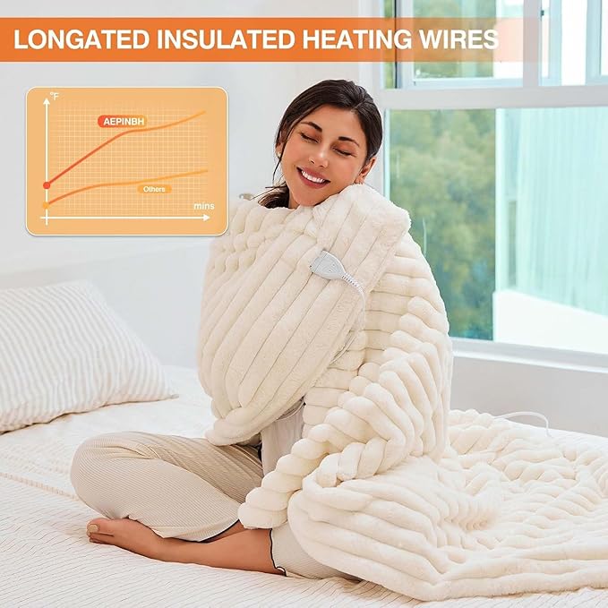 Heated Blanket 90"X100",Fast Heating Blanket with 6 Heat Levels 10 Hours Auto-Off Overheat Protection,Stripe Faux Rabbit Fur Soft Warm, ETL Certified,Cream