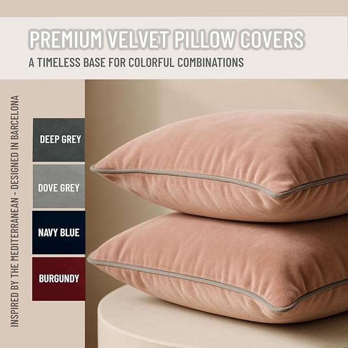 2 Pack Velvet Decorative Throw Pillow Covers, 18"x18", Pink and Grey, Solid, Modern, Contrast Piping, Indoor Use, Bedroom & Living Room