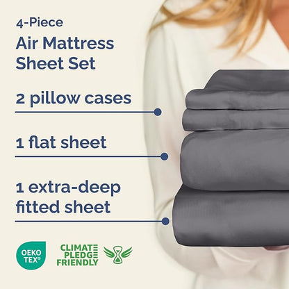 Air Mattress Sheet Set for Full Size - 4 Piece Breathable & Cooling Sheets w/Extra Deep Pockets - Fits Inflatable & Blow Up Air Mattresses Up to 24 Inches Thick - Soft and Wrinkle Free - Dark Grey