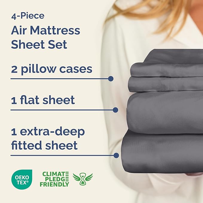 Air Mattress Sheet Set for King Size - 4 Piece Breathable & Cooling Sheets w/Extra Deep Pockets - Fits Inflatable & Blow Up Air Mattresses Up to 24 Inches Thick - Soft and Wrinkle Free - Dark Grey