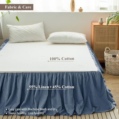BISELINA French Linen Bed Skirt with Pleated Frills 14-Inch Tailored Drop Natural Flax Cotton Blend Dust Ruffle Soft Cozy Farmhouse Bedding (14" Full, Navy Blue)