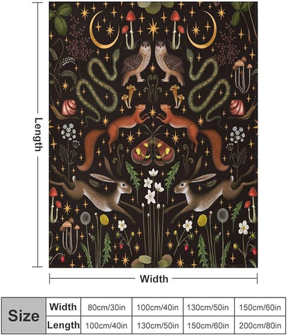 Rustic Forest Throw Blanket, Fairy Tale Forest Land Wild Animals Moths Flowers Moon Star Soft Flannal Blanket for Adult Kids Bed Couch Sofa, 50"x60"