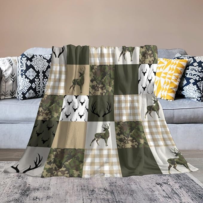 Camouflage Deer Blanket, Vintage Camo Green Beige Plaid Rustic Cabin Wildlife Hunting Blankets for Mens Room Bed Sofa, 40"x50"