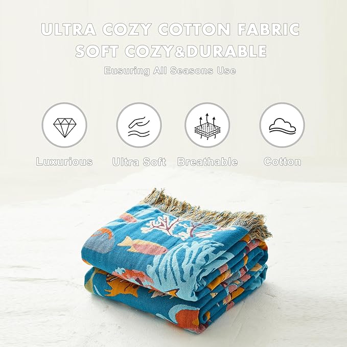 MSGKV Throw Blanket for Bed Cotton Cute Ocean Animals Twin Size Couch Blanket 60"x80" Muslin Breathable All Seasons Lightweight Farmhouse Home Decor