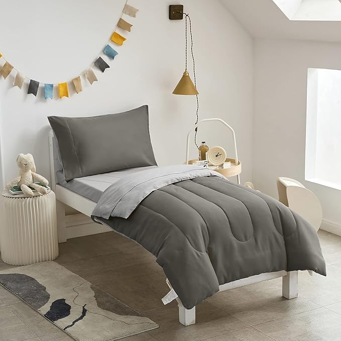 UOZZI BEDDING 4 Pieces Toddler Bedding Set Ultra Soft and Breathable Toddler Sheet Set - Includes Comforter, Flat Sheet, Fitted Sheet and Pillowcase - Dark Gray & Gray