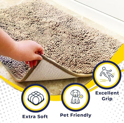 Muddy Mat® AS-SEEN-ON-TV Highly Absorbent Microfiber Door Mat and Pet Rug, Non Slip Thick Washable Area and Bath Mat Soft Chenille for Kitchen Bathroom Bedroom Indoor and Outdoor - Beige 3ft x 8ft