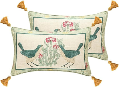 patdrea Designer Pack of 2 Rectangle Throw Pillow Covers,French Vintage Rustic Linen with Green Floral Pattern Pillows Cover,Decorative Lumbar Pillowcases Cushion for Bed Living Room,12"x20"