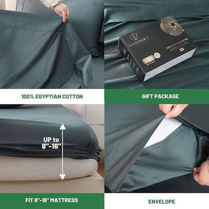 100% Egyptian Cotton Sheets King Size 1000 Thread Count Sateen Weave Soft Breathable 16-Inch Deep Pocket 4PCS（King,Lake Blue）