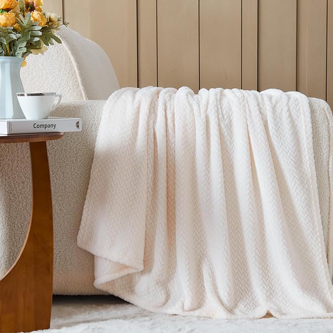 NEWCOSPLAY Super Soft King Blanket Ivory Premium Silky Flannel Fleece Leaves Pattern Lightweight Bed Blanket All Season Use (Ivory, King(90"x110"))