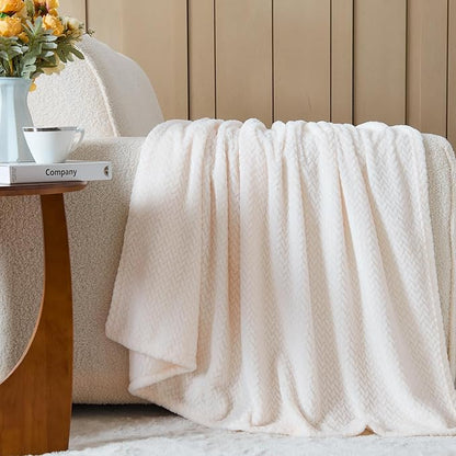 NEWCOSPLAY Super Soft Throw Blanket Ivory Premium Silky Flannel Fleece Leaves Pattern Lightweight Bed Blanket All Season Use (Ivory, Throw(50"x60"))