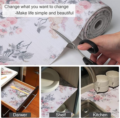 Drawer and Shelf Liner for Cabinets, 12IN x 20FT Non-Adhesive and Strong Non-Slip Vintage Floral Shelf Cabinet Drawer Liners for Kitchen,Table,Bookshelves,Waterproof Cupboard Liners