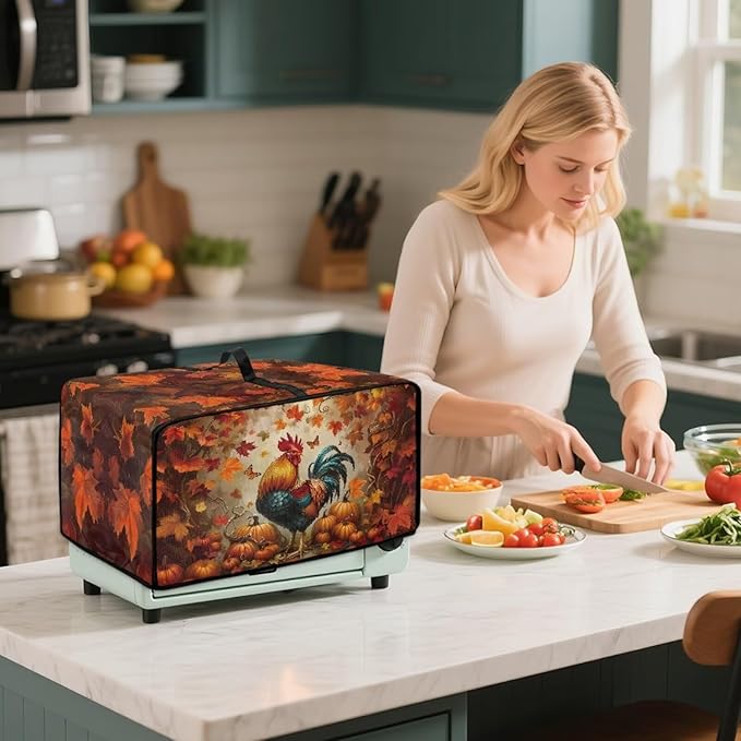 Air Fryer Toaster Oven Cover with Pockets, Stain-resistant Microwave Oven Protector for Kitchen Countertop, S, 14.5 x 18.5 x 9 Inches, Chicken Rooster Pumpkin Fall Leaves