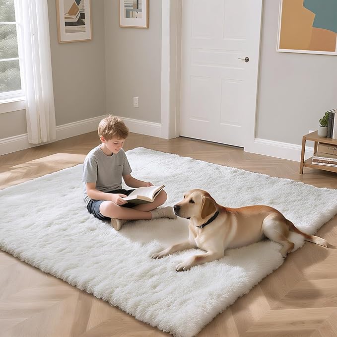 Fluffy Rug Shaggy Area Rug, White 5x8 Area Rugs for Bedroom, Small Bedside Rug, Soft Fluffy Shaggy Entryway Throw Rugs for Living Room Bedroom Kids Room Home Decor