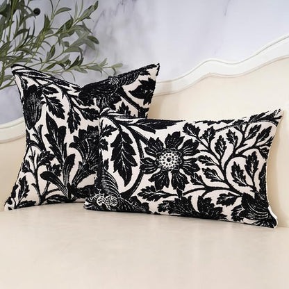 Yangest Chenille Floral Pillow Cover 20 x 20 Inches, Neutral Jacquard Square Throw Pillow Cover Soft Decorative Nature Accent Couch Pillow Cover for Living Room Bedroom, Black