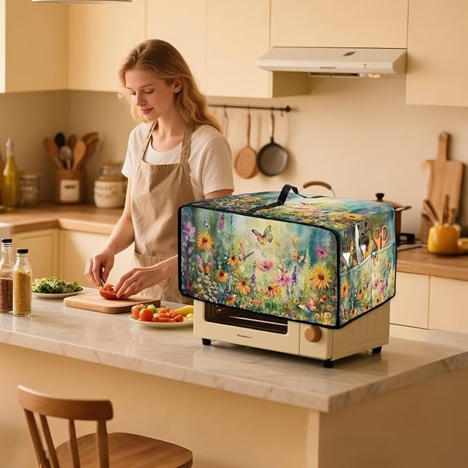 Microwave Oven Dust Cover with Storage Bags Waterproof Microwave Oven Grill Cover Protector Universal Reusable Decor Accessories for Kitchen, Vintage Daisy Sunflower Floral Butterfly Print, M