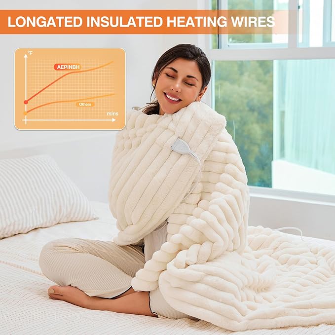 Heated Electric Blanket Throw: 6-Level Fast Heating, 4-Hour Auto-Off, Soft&Warm Stripe Faux Rabbit Fur, for Couch Home Office, with Overheating Protection & ETL Certified(50 x 60,Milky White)