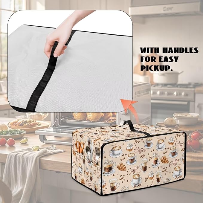Waterproof Microwave Oven Dust Cover Heavy Duty Microwave Oven Grill Cover Dustproof Kitchen Machine Covers Case Protections for Toaster Oven, Coffee Cup Bean Bread Cream Print, S