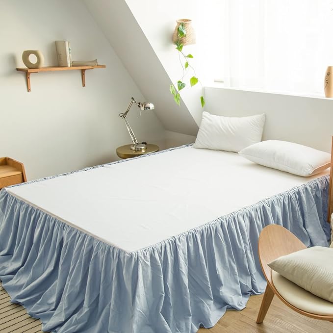 BISELINA French Linen Bed Skirt with Pleated Frills 14-Inch Tailored Drop Natural Flax Cotton Blend Dust Ruffle Soft Cozy Farmhouse Bedding (14" Full, Ruffle Dusty Blue)