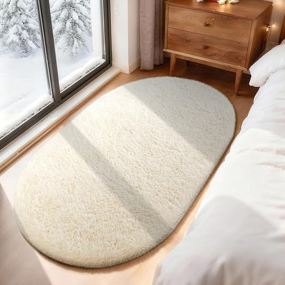 Ophanie 3x5 Oval Rug, Bedside Preppy Dorm Area Rug, College Essentials Non Slip Ivory Small Carpets for Bedroom, Anti Slip Fluffy Living Room Rugs Home Decor Aesthetic, Nursery