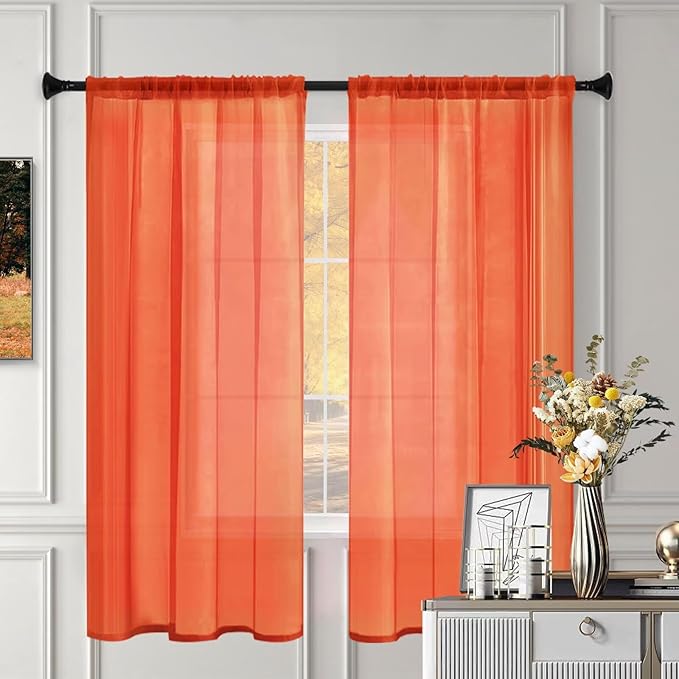 Sheer Curtains 63 Inches Long 2 Panels, Rod Pocket Short Curtain for Kitchen, Bedroom, Cafe Window(Burnt Orange 38" W x 63" L)