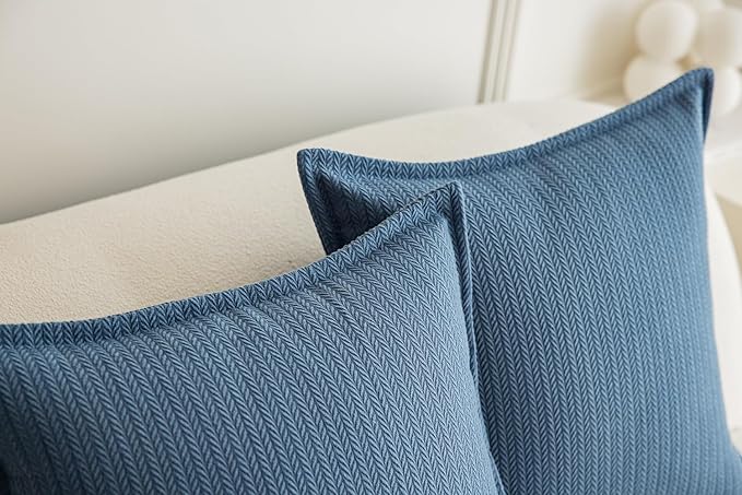Set of 2 Herringbone Embossed Stripe Flange Throw Pillow Covers for Couch and Bed - 18"x18", Steel Blue