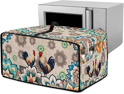 Rooster Boho Mandala Floral Print Microwave Oven Dust Cover Polyester-Linen Fabric Microwave Oven Cloth Cover Universal Case Protections Protector with Storage Bags, L