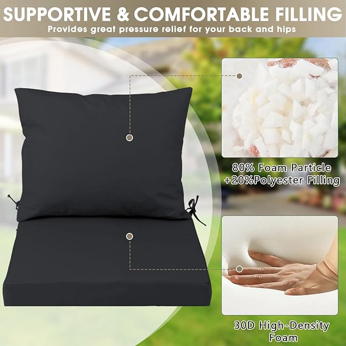 Outdoor Seat Cushion Set 19 x 19 In, Water-Resistant & Fade-Resistan, Patio Furniture Cushions with Removable Cover Deep Seat & Back Cushion with Handle and Adjustable Straps for Chair Sofa,4PC