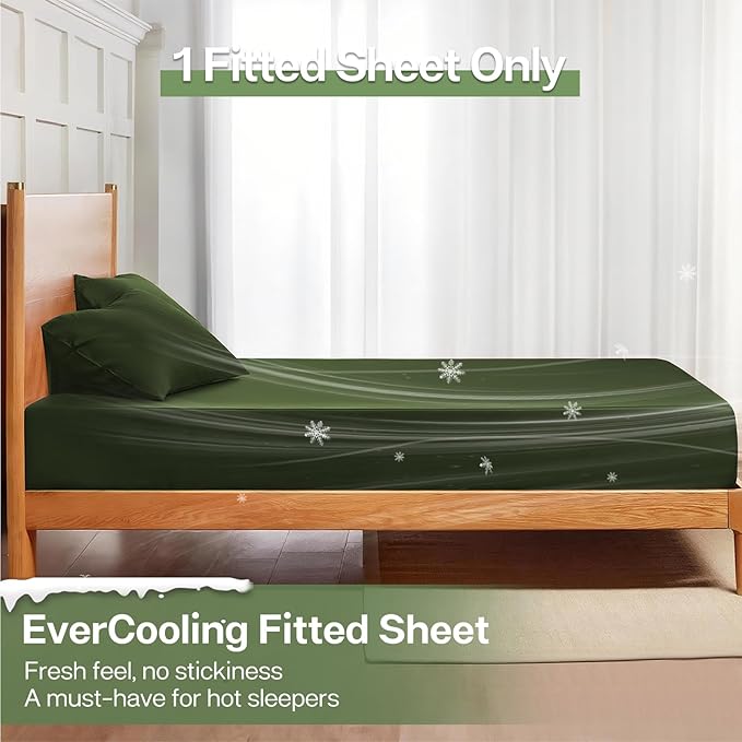 MR&HM California King Fitted Sheet, Ultra-Soft Rayon Derived from Bamboo & Polyester Blend, Silky & Breathable, 15" Deep Pocket with Elastic Straps, Cooling Fitted Sheet for Hot Sleepers, Olive Green