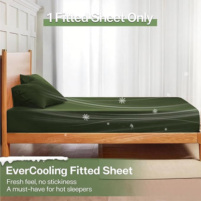 MR&HM California King Fitted Sheet, Ultra-Soft Rayon Derived from Bamboo & Polyester Blend, Silky & Breathable, 15" Deep Pocket with Elastic Straps, Cooling Fitted Sheet for Hot Sleepers, Olive Green
