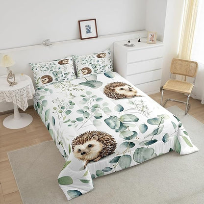 Erosebridal Cute Hedgehog Twin Comforter Set for Kids Child Green Eucalyptus Bedding Set Twin, Woodland Animal Bedding Comforter Sets Plant Leaves Duvet Set, Cartoon Wildlife Quilted Comforter