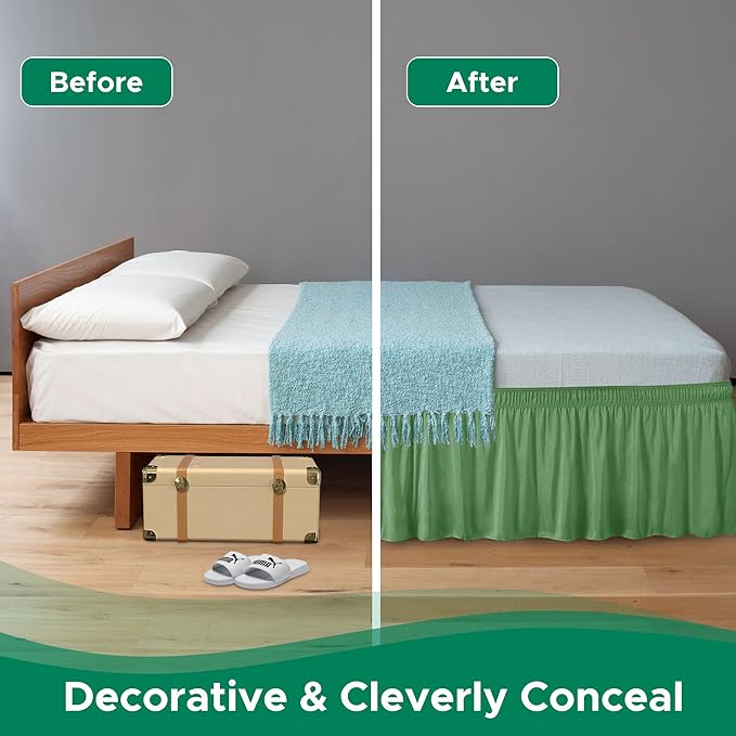 Biscaynebay Wrap Around Bed Skirts for Queen Size Beds 18" Drop, Sage Adjustable Elastic Dust Ruffles Easy Fit Wrinkle Resistant Silky Luxurious Fabric Machine Washable