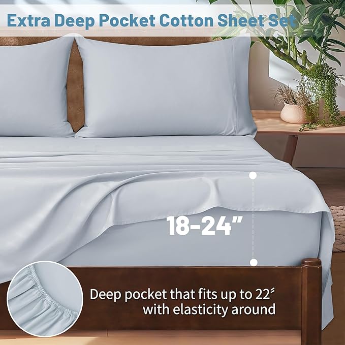 Extra Deep Pocket King Sheets 18-24 Inch 100% Egyptian Cotton 1000 Thread Count Sateen Weave Soft Breathable 4 Pieces（King，Light Blue）