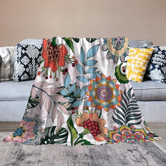 Boho Flowers Blanket for Women Girls, Rustic Bohemian Mandala Palm Leaves Plants Botanical Print Blanket for Bedroom Living Room Couch Sofa, 50"x60"