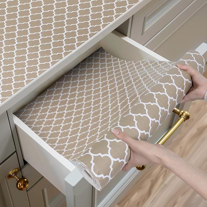 Shelf and Drawer Liner for Kitchen Cabinets Non-Adhesive, Strong Grip Non-Slip Thickened Cabinet Liners for Shelves, Waterproof Mats for Dresser Cupboard, Beige, 23 in x 20 Feet