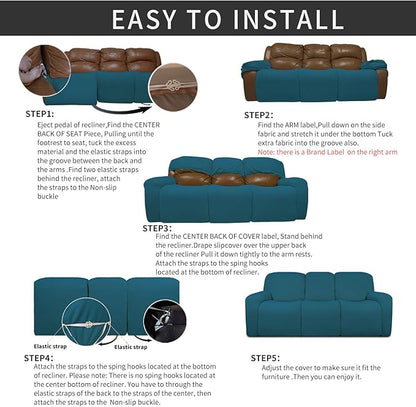 Easy-Going 8 Pieces Recliner Sofa Stretch Sofa Slipcover Sofa Cover Furniture Protector Couch Soft with Elastic Bottom Kids, Spandex Jacquard Fabric Small Checks Peacock Blue