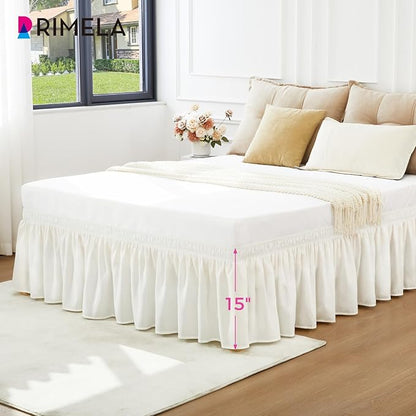 RIMELA Bed Skirt Queen Size 15 Inch Drop, Wrap Around Elastic Bedskirt for Home, Room Decoration for Women, Pleated Adjustable Dust Ruffle, Warm White, Easy to Install