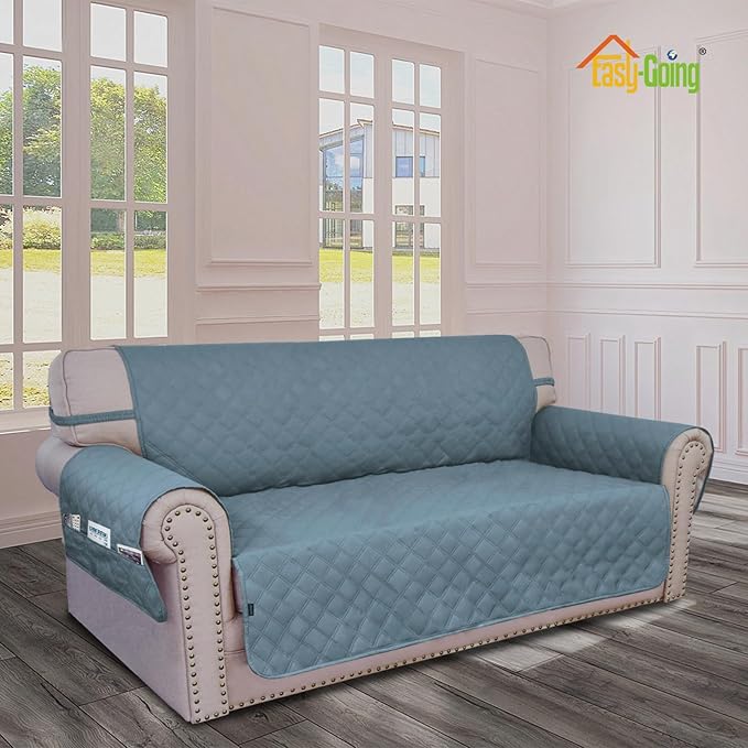 Easy-Going Waterproof Oversized Loveseat Covers Leakproof Couch Cover for 2 Cushion Couch Sofa Cover Washable Sofa Slipcover Non-Slip Furniture Protector with Pocket for Pets (Medium-XL, Light Blue)