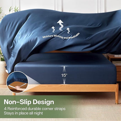 MR&HM Twin XL Fitted Sheet Only, Ultra-Soft Rayon Derived from Bamboo & Polyester Blend, Silky & Breathable, 15" Deep Pocket with Elastic Straps, Cooling Fitted Sheet for Hot Sleepers, Navy Blue