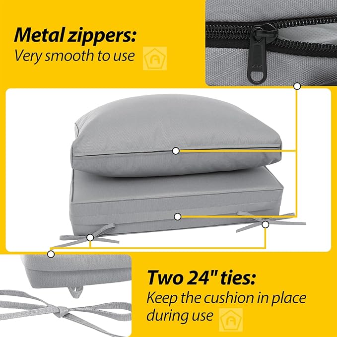 AAAAAcessories Outdoor Deep Seat Cushions, Waterproof, Fade-Resistant Patio Furniture Replacement Cushions, 25.5" x 25.5" x 5" + 25.5" x 13.5", Set of 4, Gray