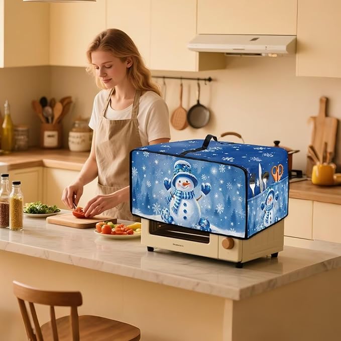 Christmas Toaster Oven Dust Cover Small Kitchen Appliance Cover for Countertop Convection Ovens,Small Appliances, S, 14.5 x 18.5 x 9 Inches, Blue Snowman Snowflake