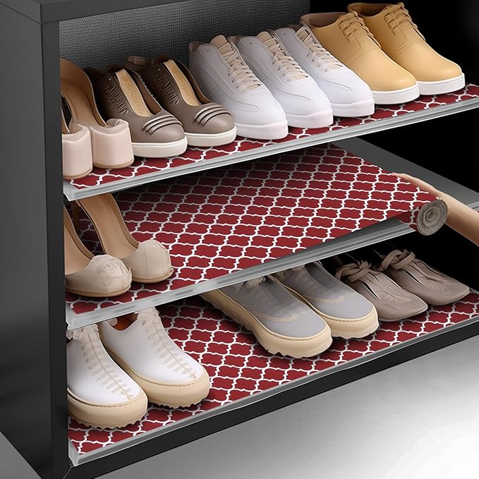 Shelf and Drawer Liner for Kitchen Cabinets Non-Adhesive, Strong Grip Non-Slip Thickened Cabinet Liners for Shelves, Waterproof Mats for Dresser Cupboard, Red/White, 12 in x 10 Feet