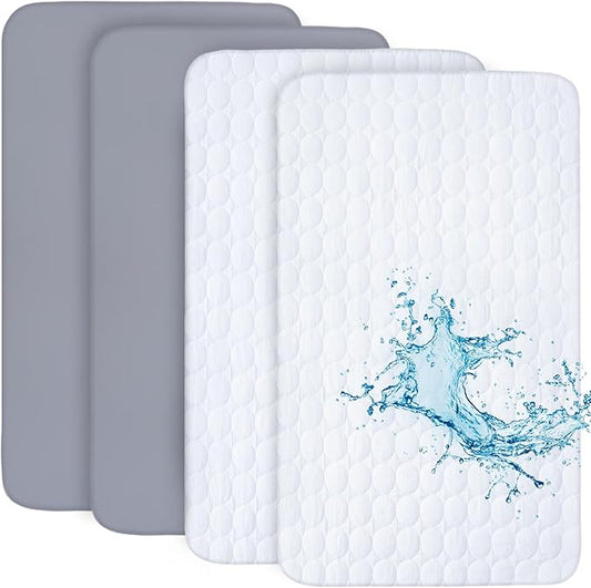 Crib Sheets and Waterproof Crib Mattress Protector 4 Pack Set,Waterproof Crib Sheets Mattress Pad Cover for Baby Boys and Girls, Grey
