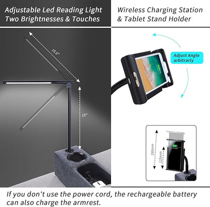 Removable Sofa Armrest, Dual Cup Holders Large Size Multifunctional Couch Caddy Storage Arm Rest with Power Wireless Charging Stand & LED Reading Light for Sofa Middle Seat Adjustable