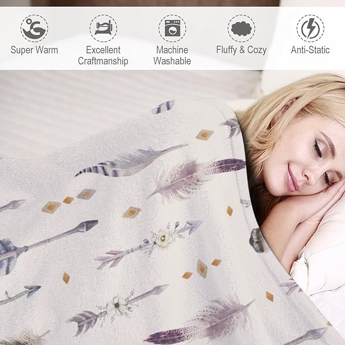 Boho Tribe Blanket, Bohemian Aztec Ethnic Tribe Native Tribal Arrows Feathers Print Pattern Throw Blanket for for Chair Bed Sofa Couch 60"x80"