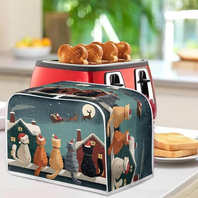 Christmas Cat Printed Toaster Oven Cover for Home 4 Slice Toaster Cover Dirt and Fingerprint Protection Decorative Kitchen Accessories, Blue