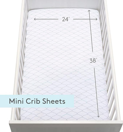 Newton Baby MINI CRIB Fitted Sheets (2-Pack) | Organic Muslin Cotton, Breathable Soft Baby Sheets, Washable Baby Mattress Sheets, Fits Any Mini Sized Crib 24" x 38", Dreamweaver Moonstone Mist + White