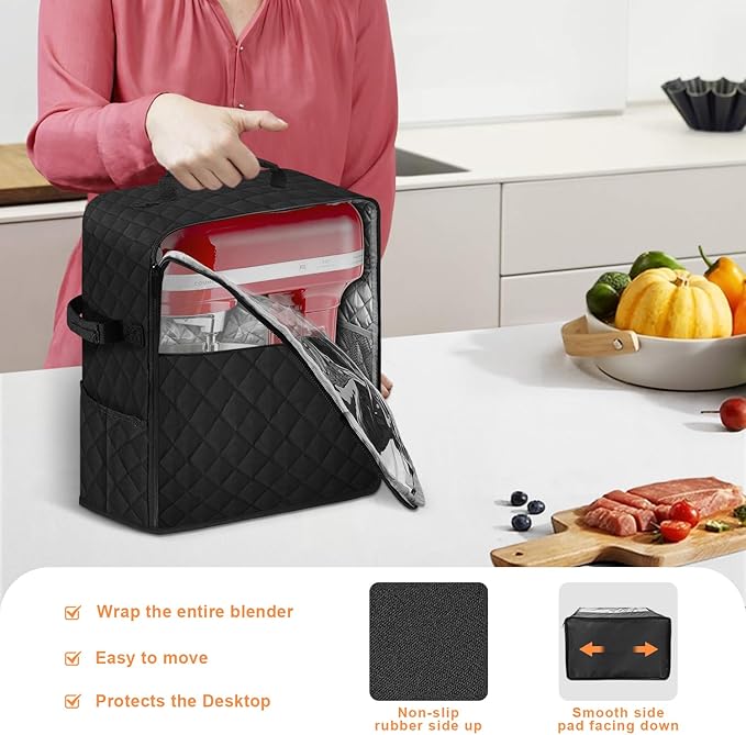Stand Mixer Cover with Storage Pockets - Dust Proof Blender Storage Bag for 6-8 qt Mixers, Fits Most Blenders & Kitchen Appliances | Multi-Pocket Organizer with Carry Handle (Black)