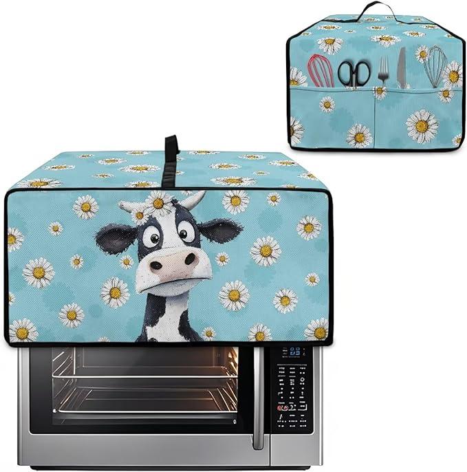 Air Fryer Toaster Oven Dust Cover with Side Pockets, Protective Smart Oven Cover for Kitchen Countertop Decorations, M, 16.5 x 20.5 x 10 Inches, Cow Daisy Light Blue